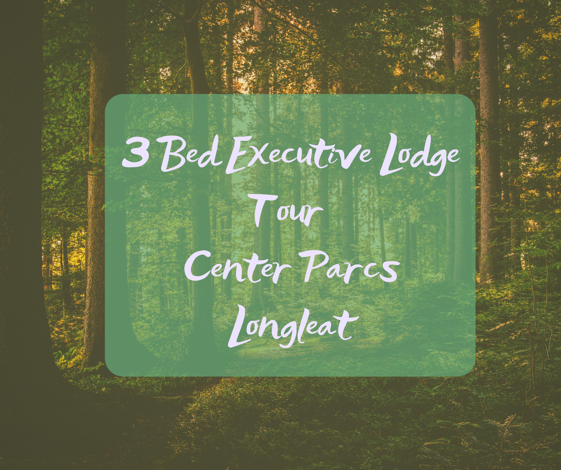 blog post title picture of a blurred forest with a green box saying 3 bed executive lodge at center parcs longleat