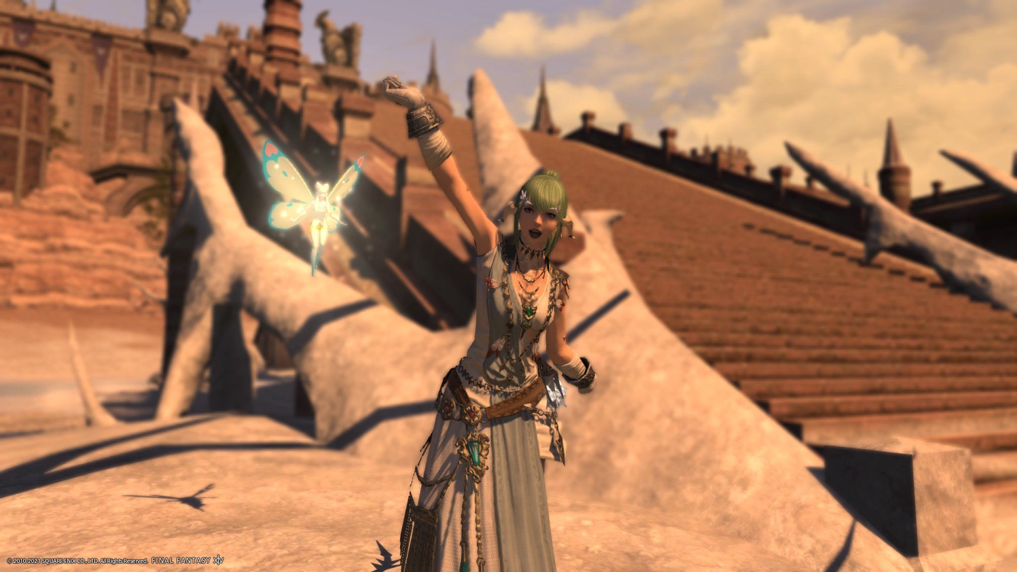 ff14 screenshot avalon lefae as a scholar wearing a dress at the lochs